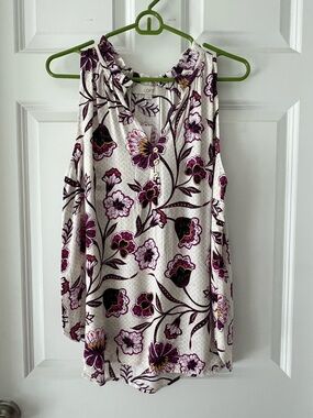 LOFT Cream Sleeveless Floral Henley Blouse with Purple Accents